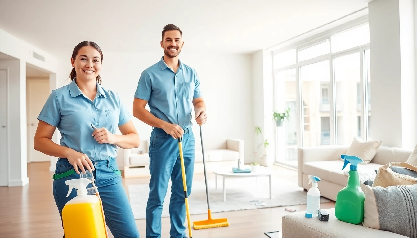 Bond cleaning Brisbane by a professional team in a bright, clean apartment, showcasing their tools.