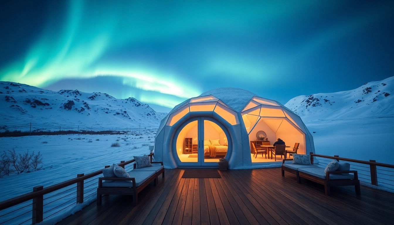 Experience the enchanting Igloo hotel under the northern lights in a cozy, snowy landscape.
