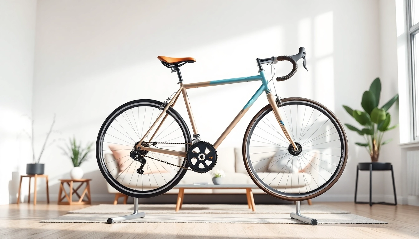 Showcasing a Stylish bike rack in a modern living room with a sleek design and vibrant bikes.