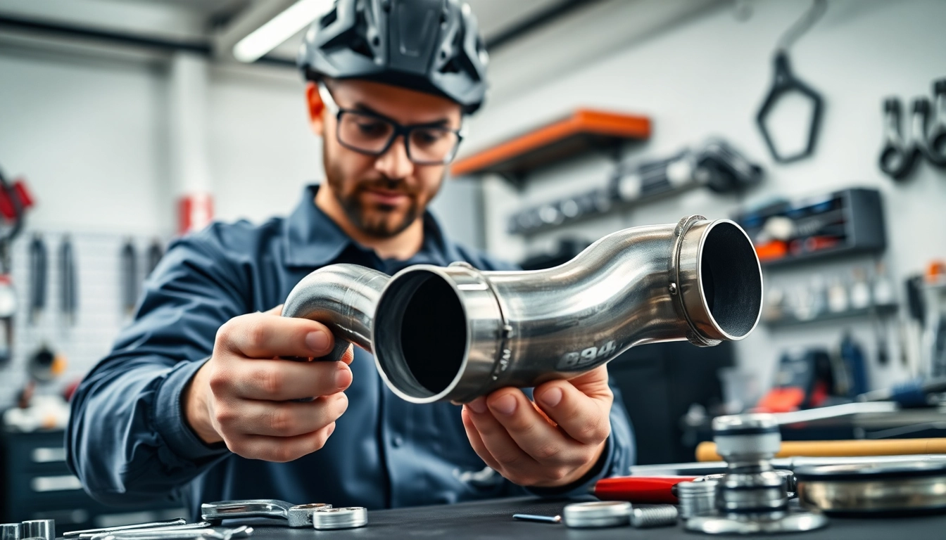 Technician installing a b46 downpipe in a bright, professional garage setting.